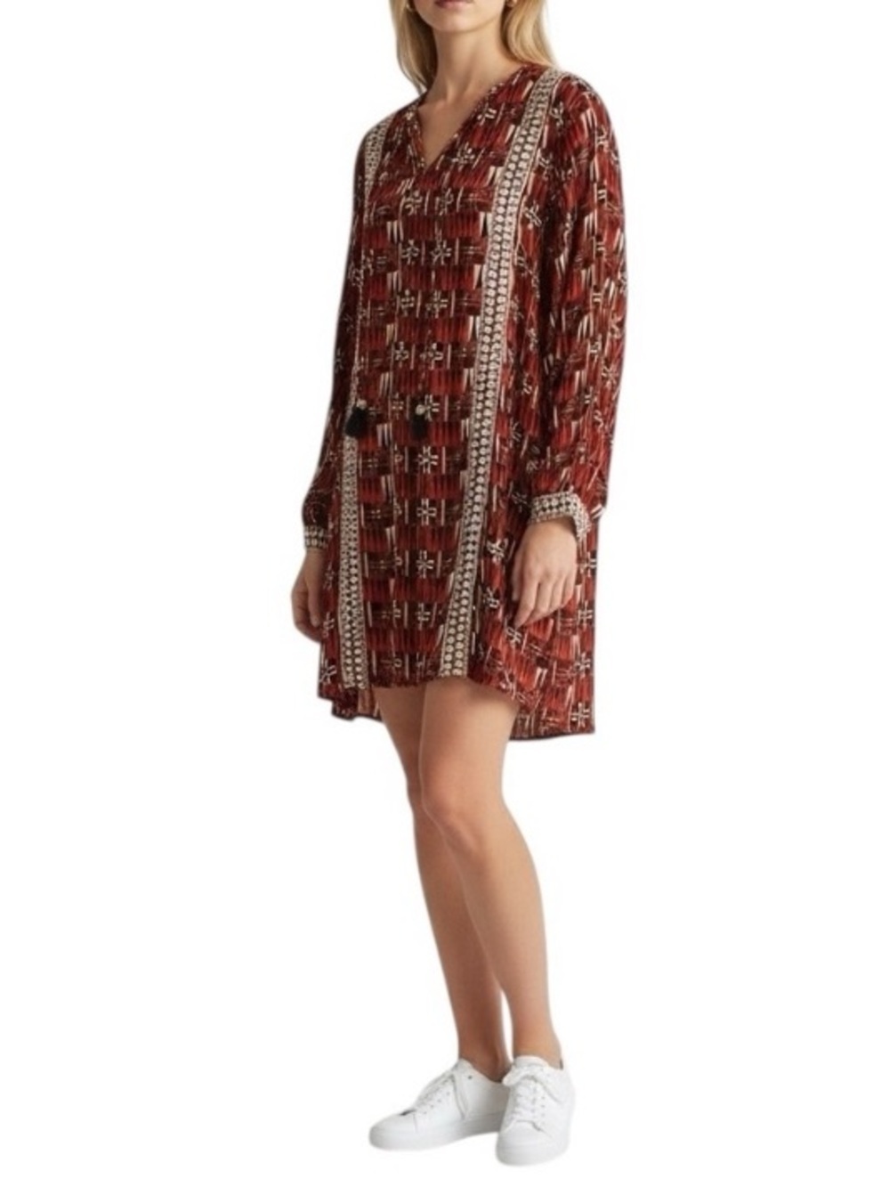 Anthropologie Verb Pallavi Singhee Sarah Red Beige Tunic dress boho western - Picture 2 of 8
